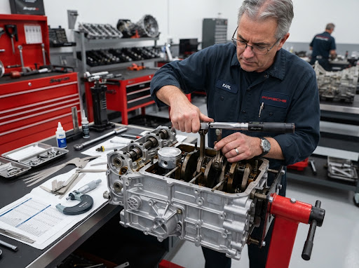 A technician working on an engine assembly